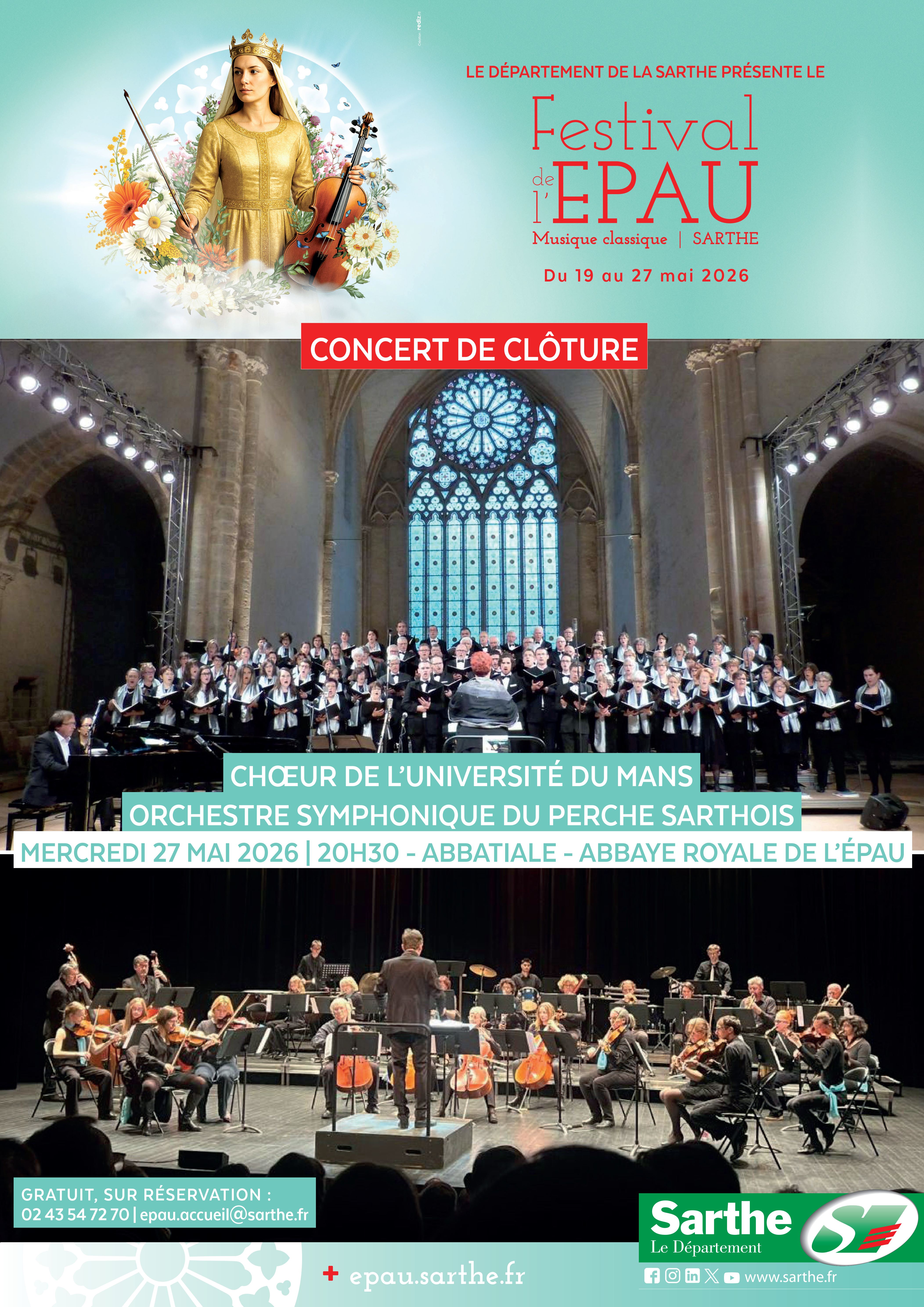 affiche du concert de clôture du festival de l'Epau - 27 mai 2026 - choeur de l'Université du Mans - Orchestre du Perche Sarthois